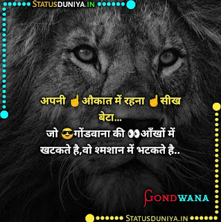 बेस्ट गोंडवाना शायरी स्टेटस फोटो, अपनी ☝️औकात में रहना ☝️सीख बेटा… जो 😎गोंडवाना की 👀आँखों में खटकते है,वो श्मशान में भटकते है..