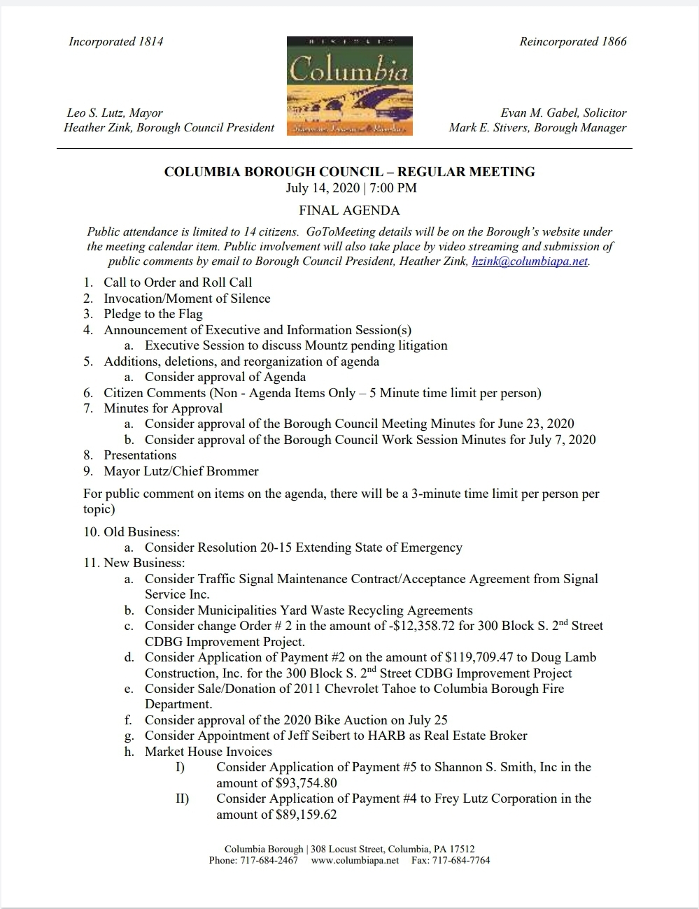 COLUMBIA SPY Agenda Columbia Borough Council Meeting July 14, 2020