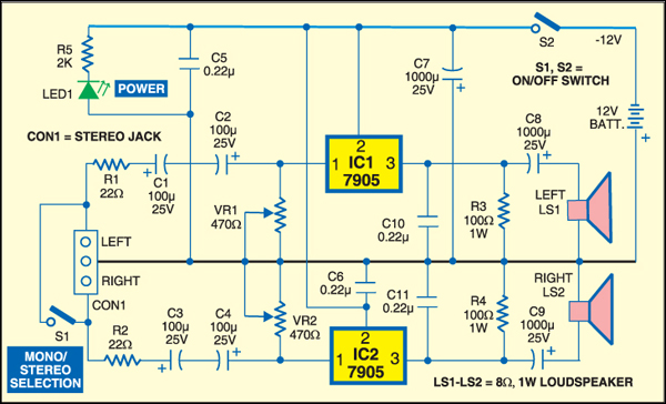 Stereo Power Amplifier Using IC 7905 | Circuits-Projects