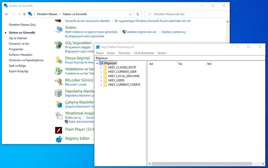 windows 10 da denetim masasi na kayit