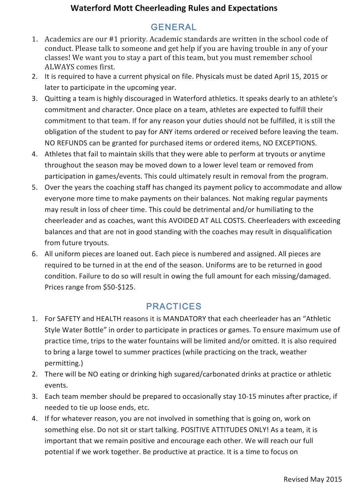 Waterford Mott Cheer 201819 Sideline Rules