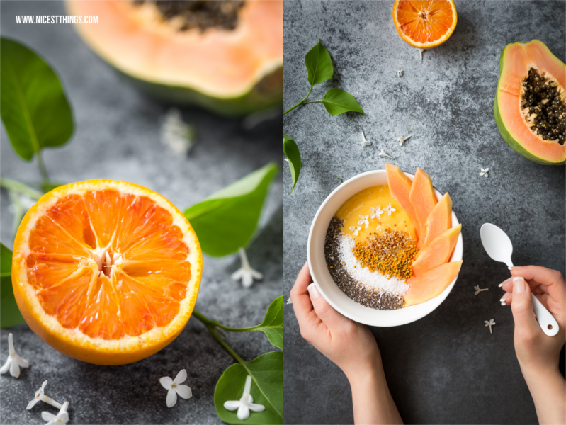 Smoothie Bowl Rezept mit Papaya, Mango, Orange und Bluetenpollen
