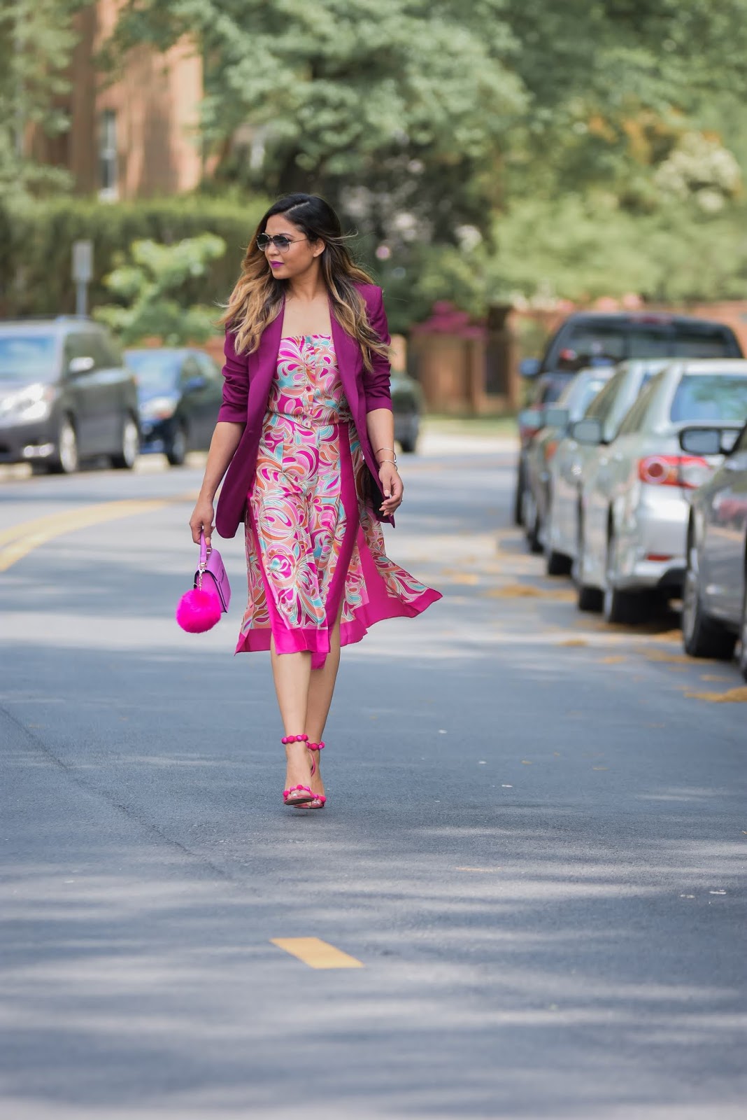how to wear monochromatic pink, printed seperates zara outfit, pink sam edelman sandals, strappy heels, street style, pink blazer look.,office workwesr, brights, ray ban sunglasses, slit skirt, aldo pink pom pom boag, purple, myriad musings how to wear monochromatic pink, printed seperates zara outfit, pink sam edelman sandals, strappy heels, street style, pink blazer look.,office workwesr, brights, ray ban sunglasses, slit skirt, aldo pink pom pom boag, purple, myriad musings