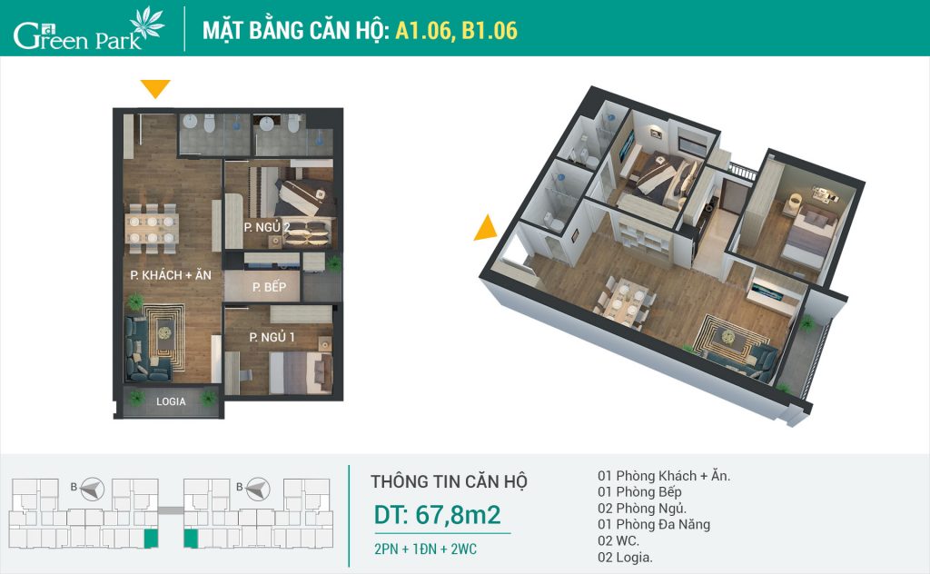 Thiết kế nội thất căn số 06 (67,8m2) 2PN Phương Đông Green Park