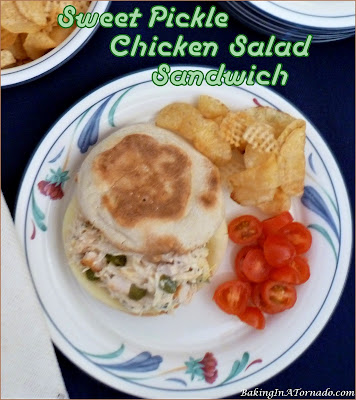 Sweet Pickle Chicken Salad Sandwich, lunch in a minute. Chopped sweet pickles and a little poppy dressing add flavor to precooked shredded chicken. | Recipe developed by www.BakingInATornado.com | #recipe #chicken