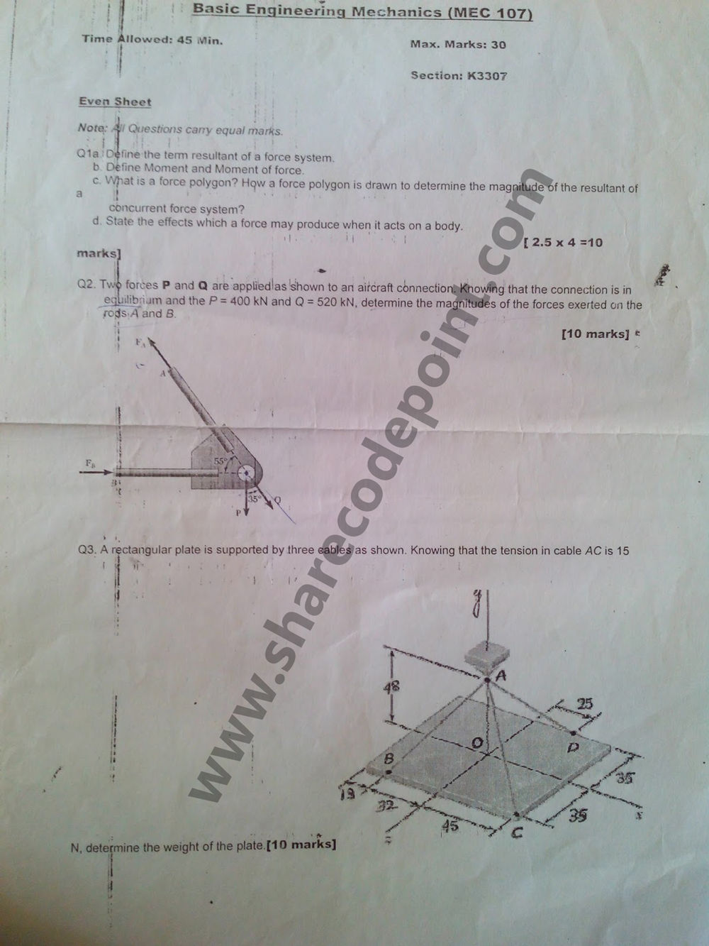 MEC107 Basic Engineering Mechanics Class Test MEC107