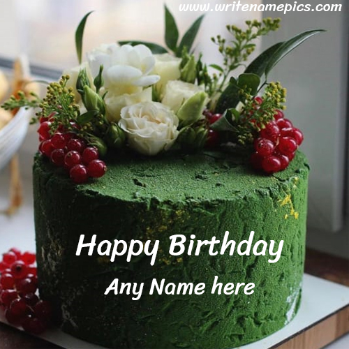 Greenly Decorated Happy Birthday Cake With Name Birthday Wishes Cakes