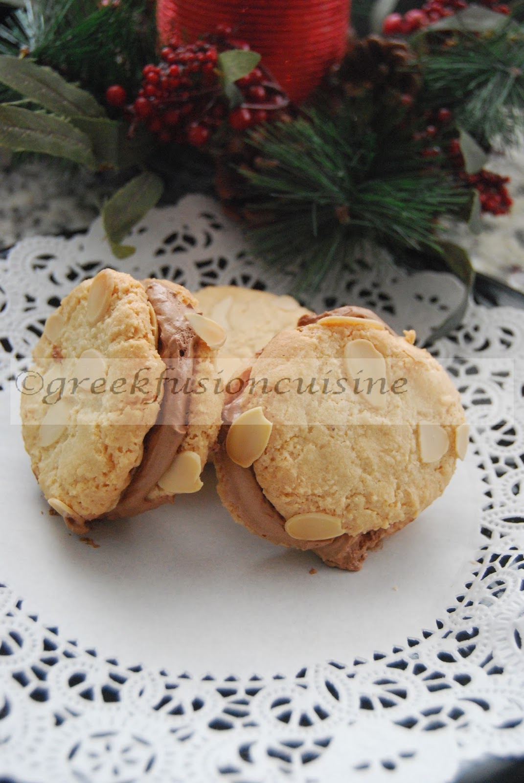 Greek Fusion Cuisine: Greek Almond Macaroons with Chocolate Mousse Filling Greek Fusion Cuisine: Greek Almond Macaroons with Chocolate Mousse Filling