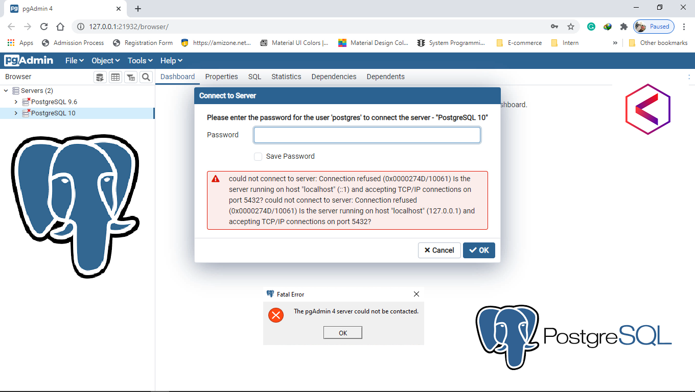 Can t connect to host. Connection to Server at localhost 1 Port 5432 failed POSTGRESQL. POSTGRESQL 3 ошибка. The PGADMIN 4 Server could not be contacted:. PGADMIN connect to localhost.