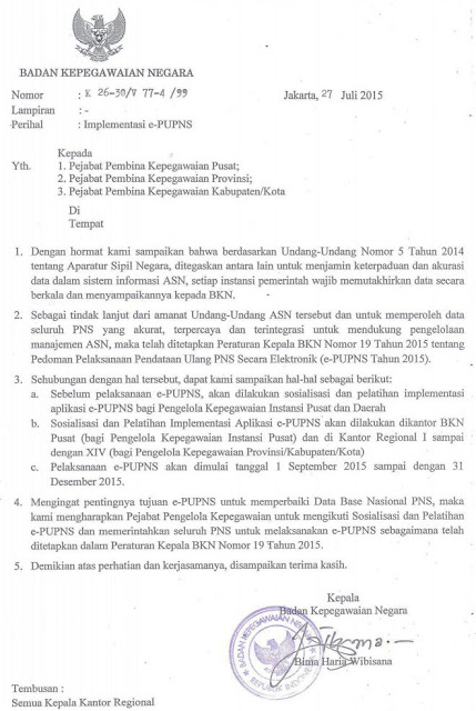Surat Edaran Resmi BKN Tentang Implementasi E-PUPNS Tahun 2015