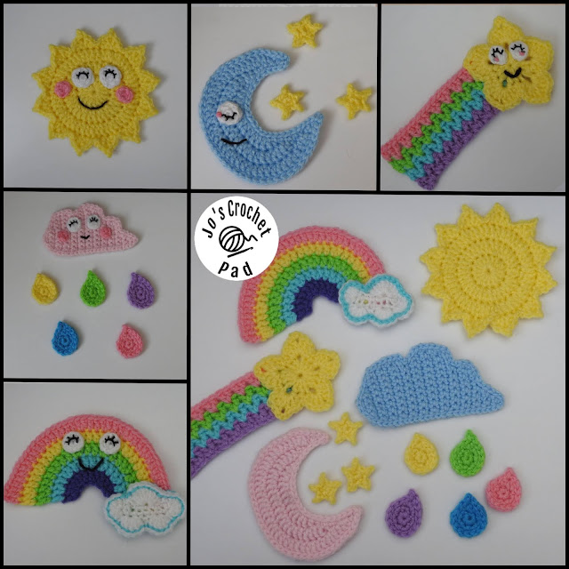 Rainbow, Sun, Shooting Star, Moon & Rain Cloud Crochet Applique Embellishment Pattern
