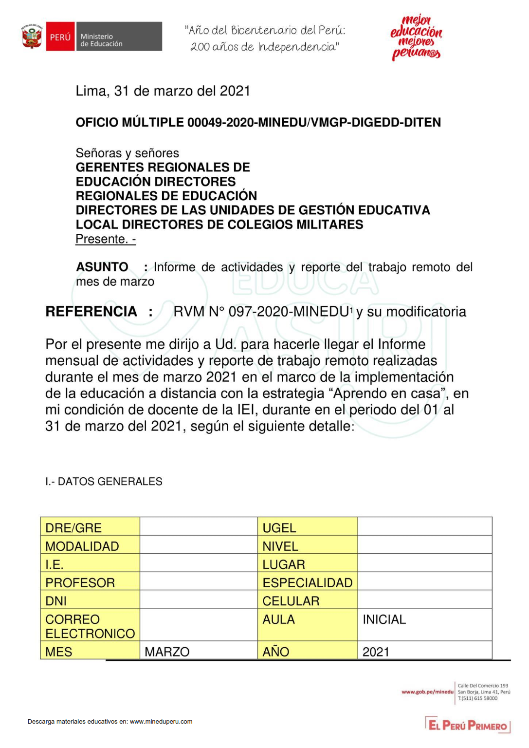 Modelo informe de actividades y reporte de trabajo remoto mes de marzo 2021  | Aprendo en casa| Ministerio de Educación ~ Ministerio de Educación del  Perú
