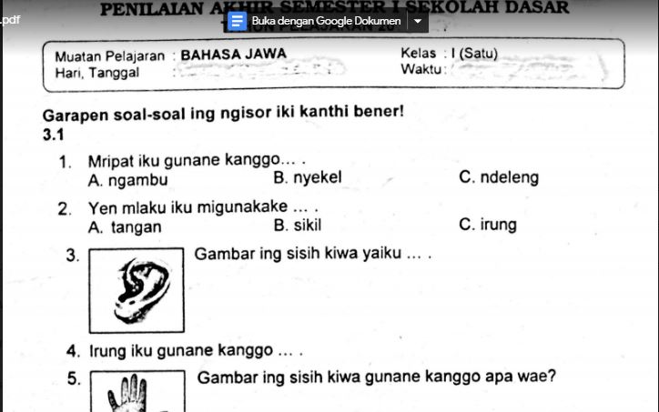 Soal Ulangan Bahasa Jawa Kelas 1 Semester 1 K13