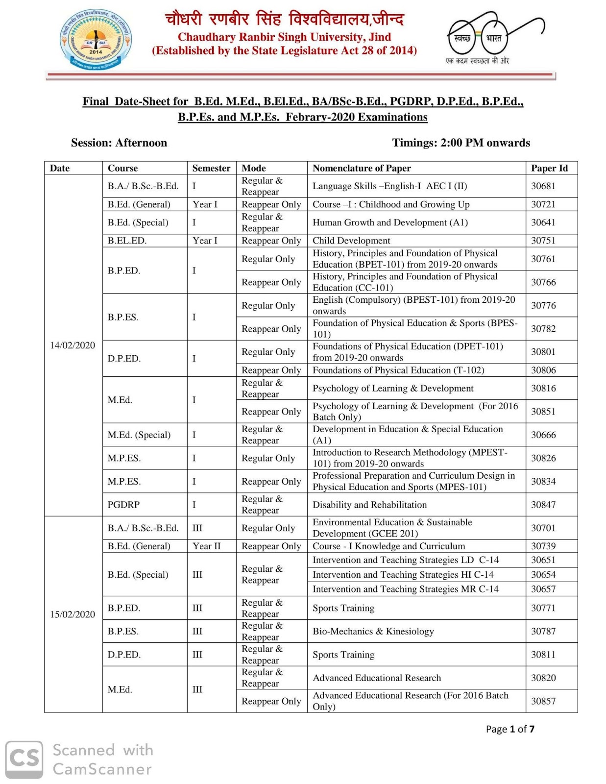 Final DateSheet for B.Ed., M.Ed., B.El.Ed., BA/BScB.Ed., PGDRP, D.P.Ed., B.P.Ed., B.P.Es. and