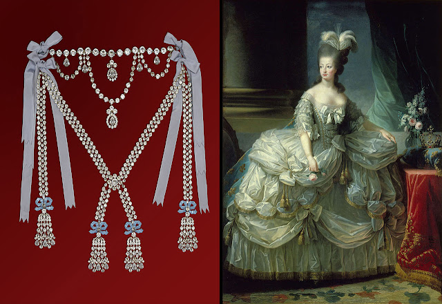 Ожерелье королевы (реконструкция циркония, замок Бретей) и портрет Марии-Антуанетты.