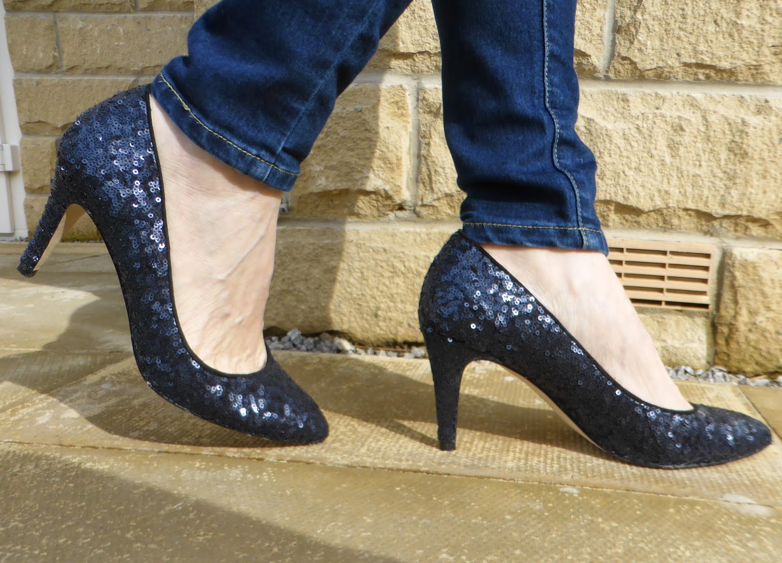 Outfit: Navy Broderie Top, Yellow Cardigan, Navy Sequin Shoes - What Lizzy Loves