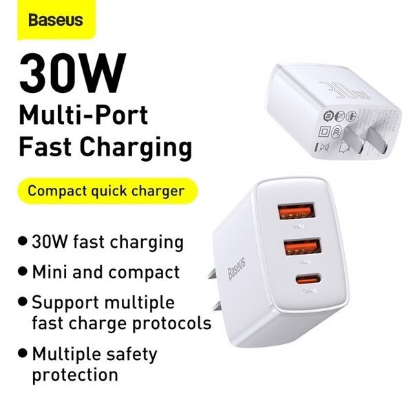 Cốc sạc nhanh siêu nhỏ gọn Baseus Compact Quick Charger 30W(USB dual port +Type C,30w PD/QC3.0 Multi Quick Charge Support)