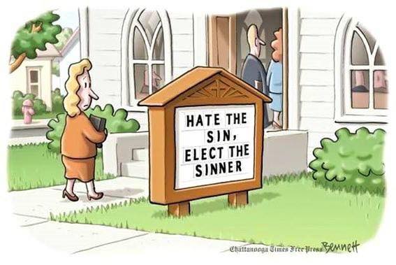 Woman entering Evangelical church reading the sign in front of it, which reads 