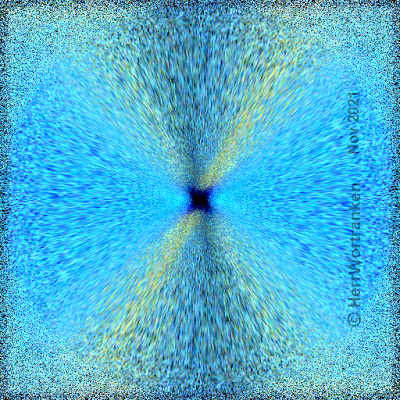 mittelblauer Hintergrund mit dunkelblauen Sprengseln, die in einem Fluchtpunkt in der Mitte zu einem kleinen quadratischen tief dunkelblauem Fleck (Punkt) zusammen laufen.
