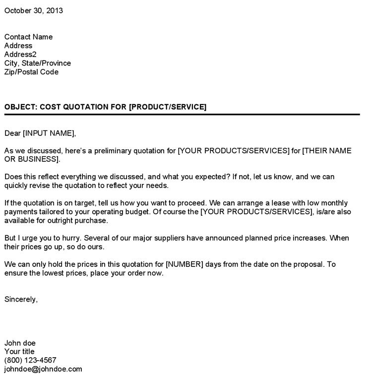 sample cover letter for submitting a quotation