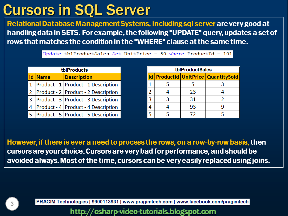 Sql server, .net and c# video tutorial: Part 63 – Cursors in SQL Server