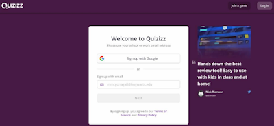 Halaman Sign Up aplikasi Quizizz