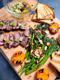 Grilled Honey Ginger Glazed Pork Tenderloin with Apricots & Broccolini:  Juicy pork tenderloin is spiced just right and then glazed with a ginger honey scallion sauce and served with grilled apricots and broccolini with toasted almonds. - Slice of Southern