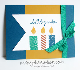 Stampin' Up! Build a Birthday masculine birthday card with In Colors Dapper Denim, Emerald Envy + Delightful Dijon and Cajun Craze. Great color combination for masculine cards www.juliedavison.com #stampinup