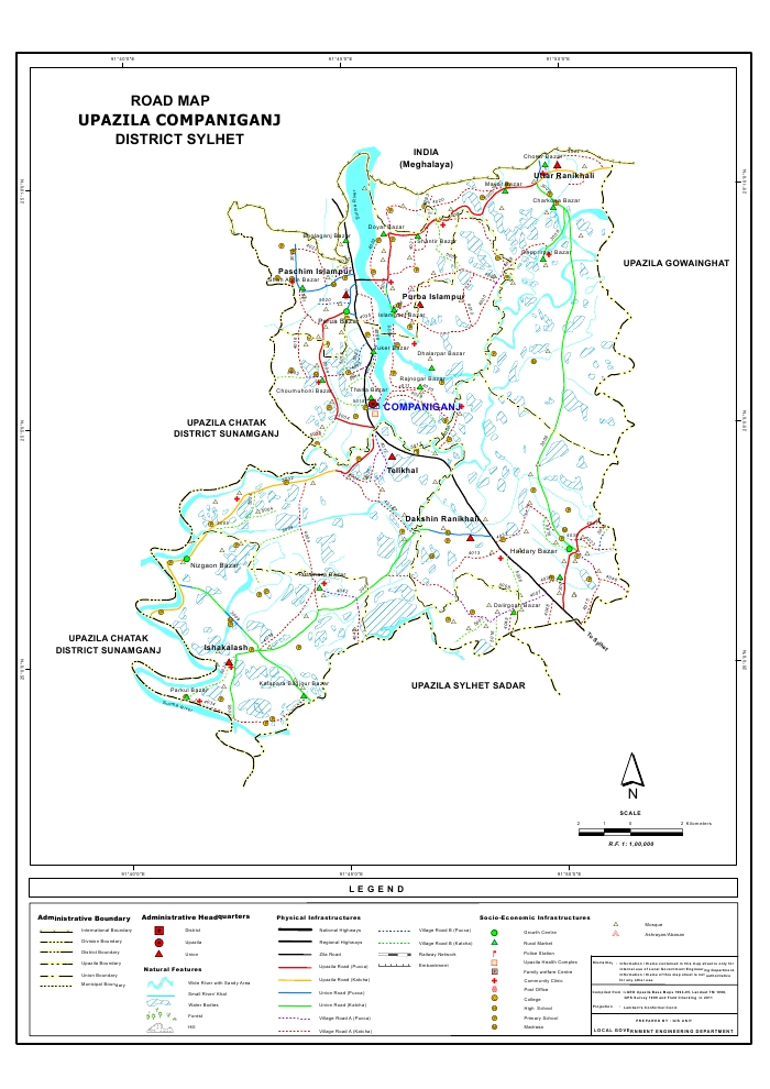 Companiganj Upazila Road Map Sylhet District Bangladesh