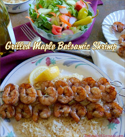 Grilled Maple Balsamic Shrimp is a quick and simple dinner, just marinate, skewer, and grill. | Recipe developed by www.BakingInATornado.com | #recipe #dinner