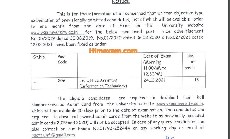 Dr.YSP University Nauni JOA IT Exam Date 2021