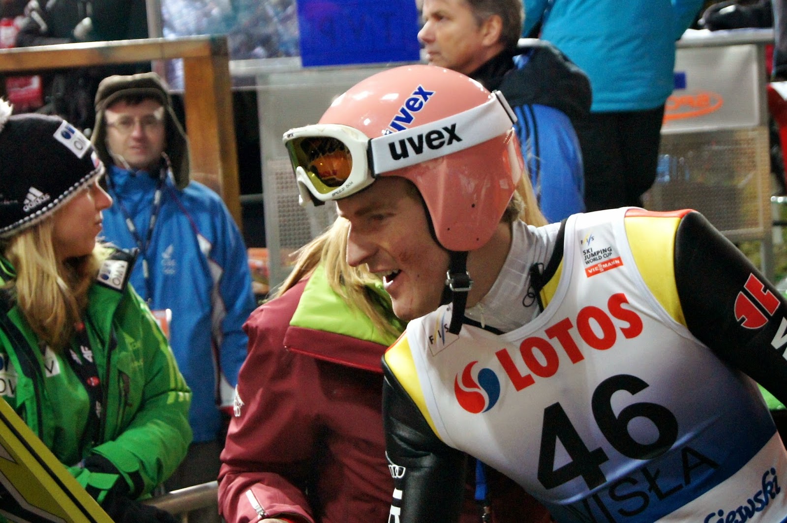 After jumps Severin Freund in interview during World Cup in Wisla