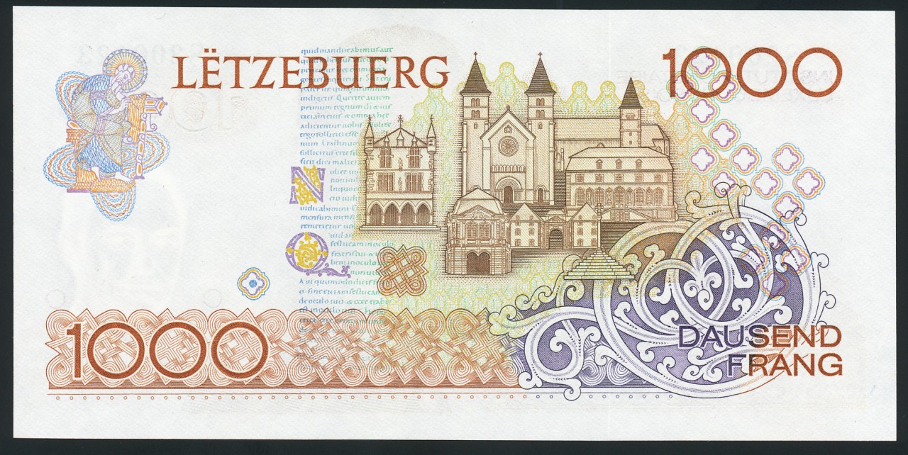 Luxembourg currency 1000 Francs banknote of 1985 Grand Duke JeanWorld