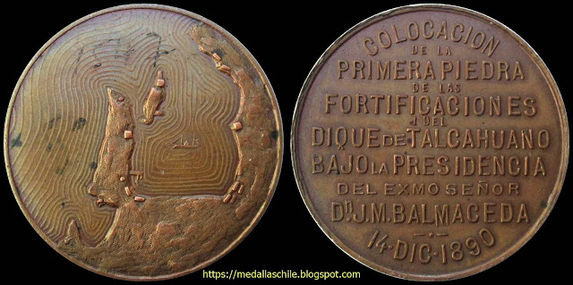 Medalla  Primera Piedra Fortificaciones Bahía de Talcahuano Balmaceda