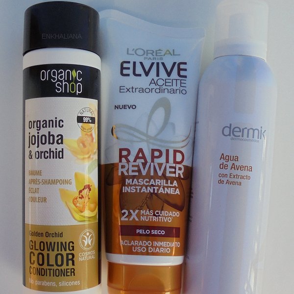 Deliplus Dermik Agua De Avena / Organic Shop Acondicionador Golden Orchic / Loréal Elvive Aceite Extraordinario Rapid Reviver