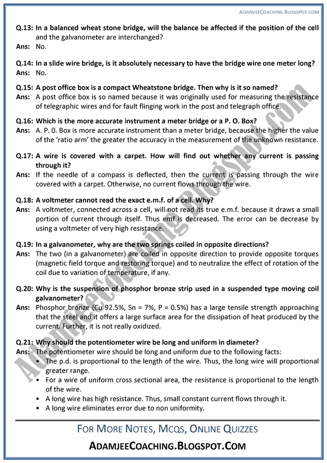 Adamjee Coaching Electrical Measuring Instruments Question Answers Physics XII