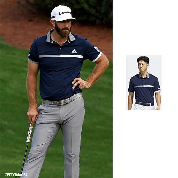 Dustin Johnson wearing blue Adidas polo shirt on November 13 2020