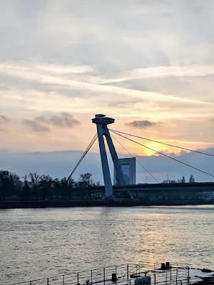 Bratislava in winter: The UFO bridge at sunset