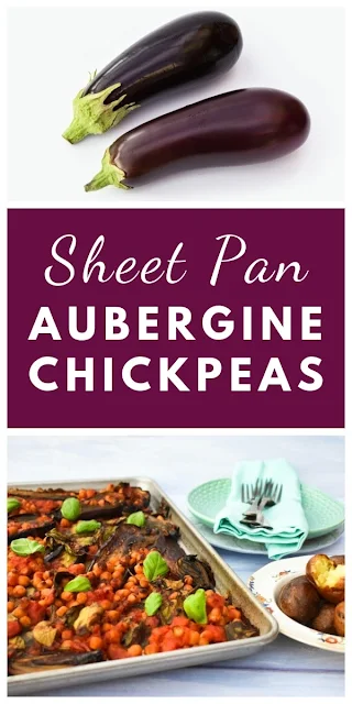 Sheet Pan Aubergine (Eggplant) & Chickpea Bake. An easy aubergine, chickpea and spinach bake make in a sheet pan for a simple family dinner. Suitable for vegetarian, vegan and dairy-free diets. #sheetpan #sheetpandinner #vegansheetpan #vegetariansheetpan #dairyfreesheetpan #onepotdinner #onepandinner #aubergine #eggplant #shallots #spinach #chickpeas