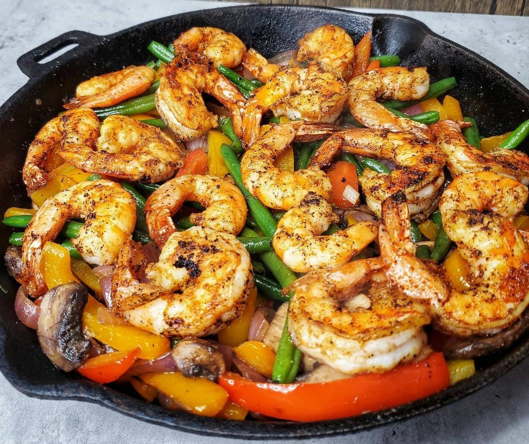 Seared Fiesta Shrimp on Cast Iron Veggies