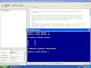 Programa de demonstração a correr no terminal do SimpleIDE.