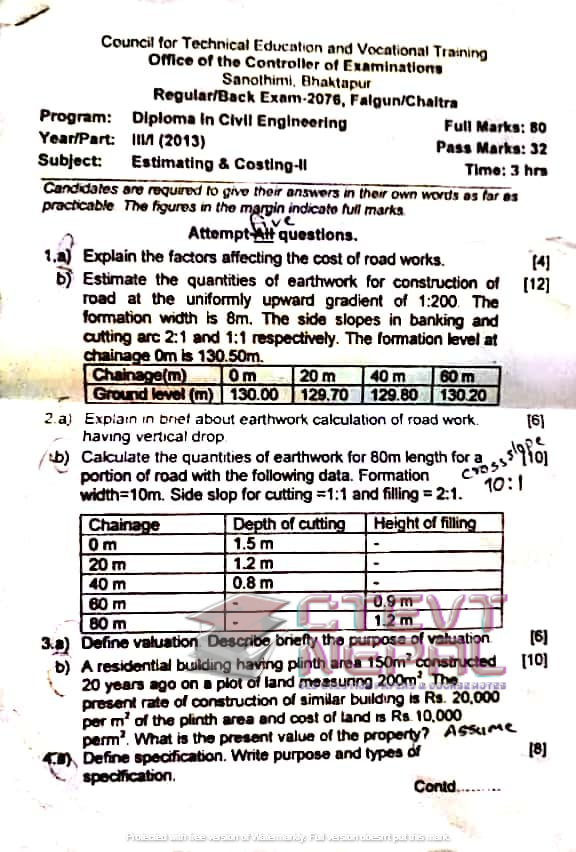 Estimating and Costing II - 5th Semester Question Papers CTEVT ...