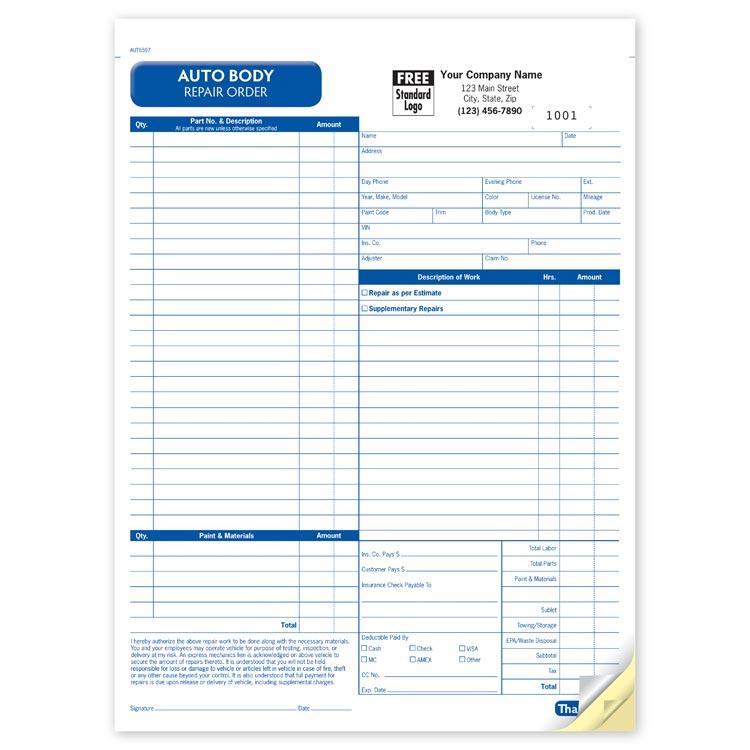 Body Shop Work Order Forms Invoice Template