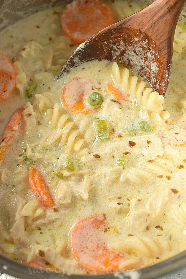 a pot with creamy chunky chicken noodle soup
