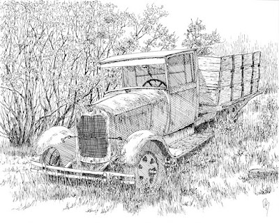 pen drawing art abandoned Ford truck antique