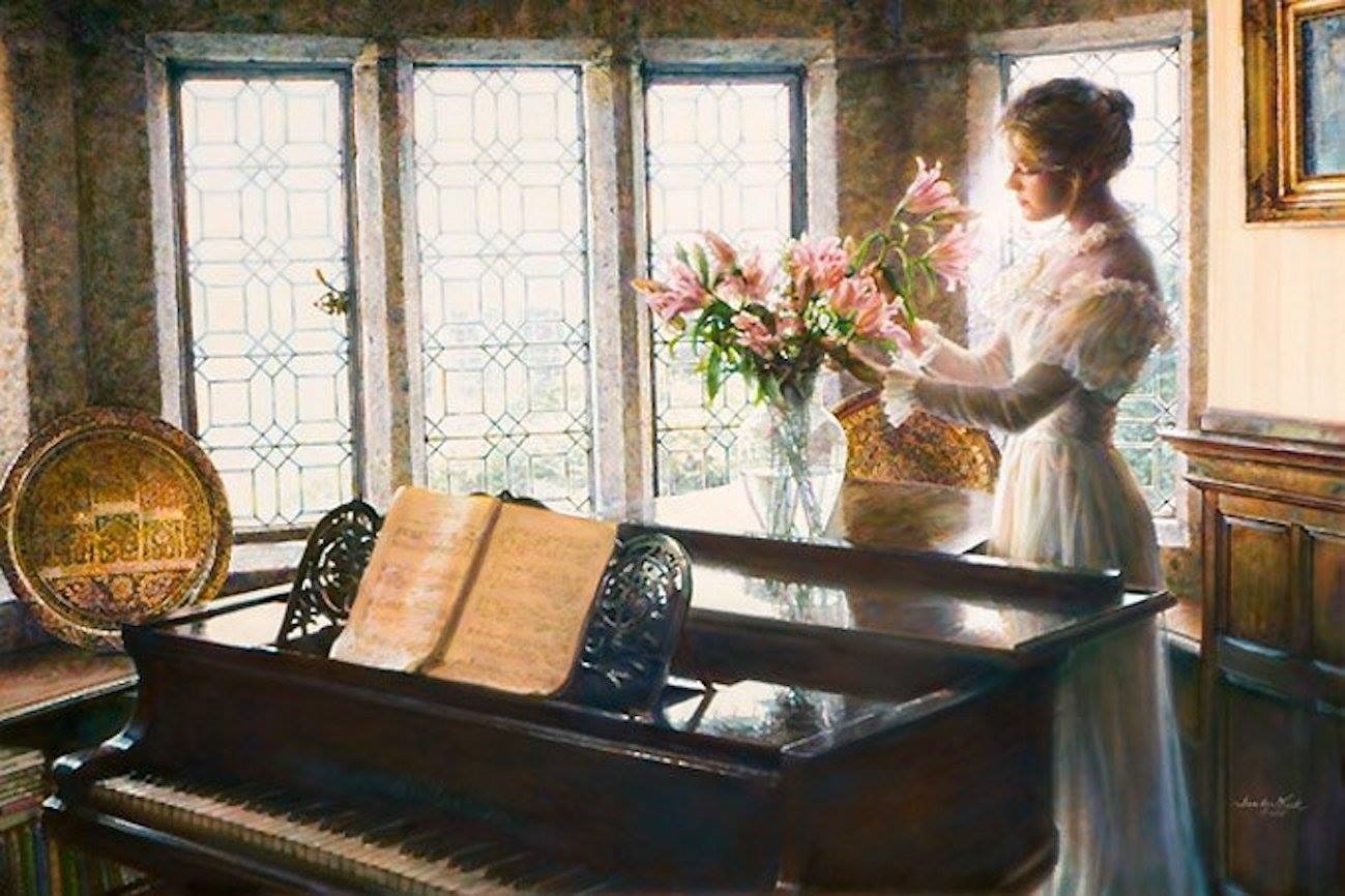 Романс очаровательные. Женщина у окна живопись. Рояль в живописи. Девушка у окна картина.