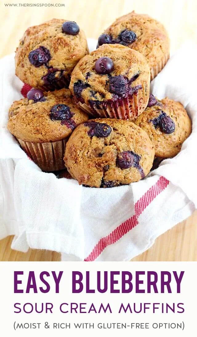 A simple recipe for sour cream blueberry muffins that are tender, rich, slightly sweet & bursting with fresh blueberries. Extra sour cream & oil helps to keep the muffins moist, while cinnamon, vanilla & lemon zest adds a wonderful fragrance & flavor. You'll have a hard time waiting for these to cool before devouring several! (Gluten-Free Option)