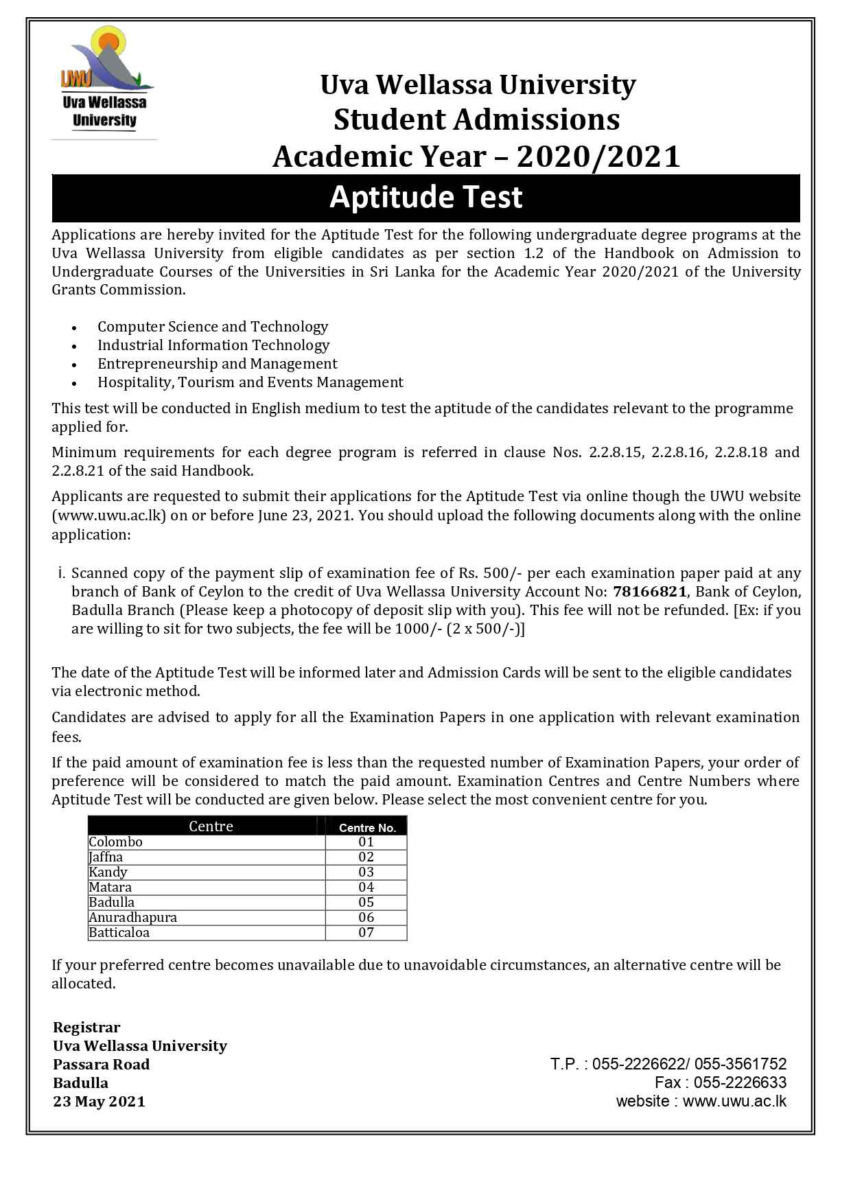 uva-wellassa-university-aptitude-test-2021-application