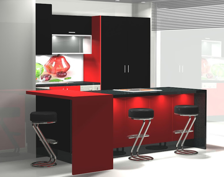 Cocina en negro y rojo, con una original barra
