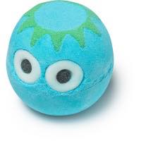 A blue spherical bath bomb with two white circles and two black dots on a bright background